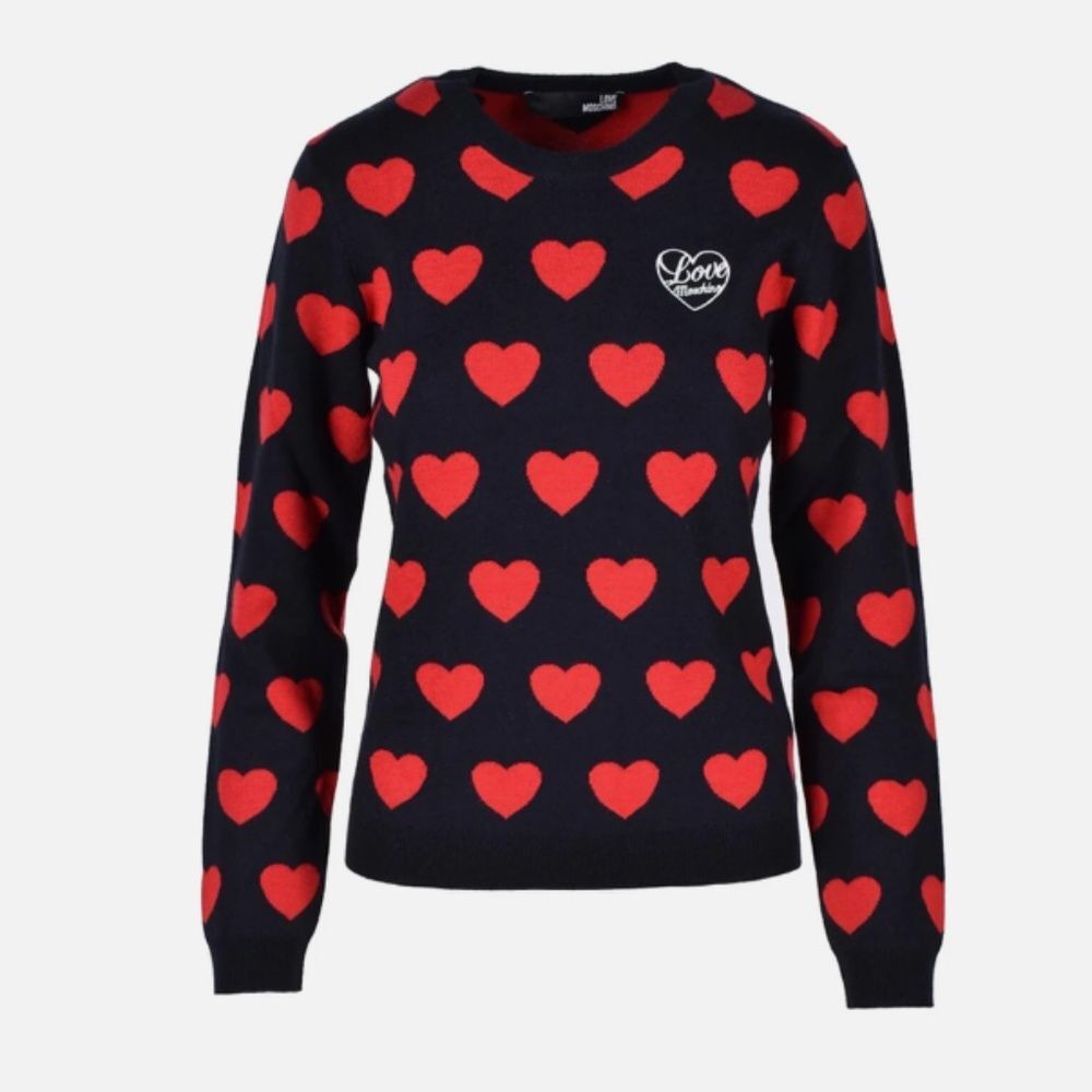 Love Moschino Red Black Striped Intarsia Logo Heart Wool Blend Sweater